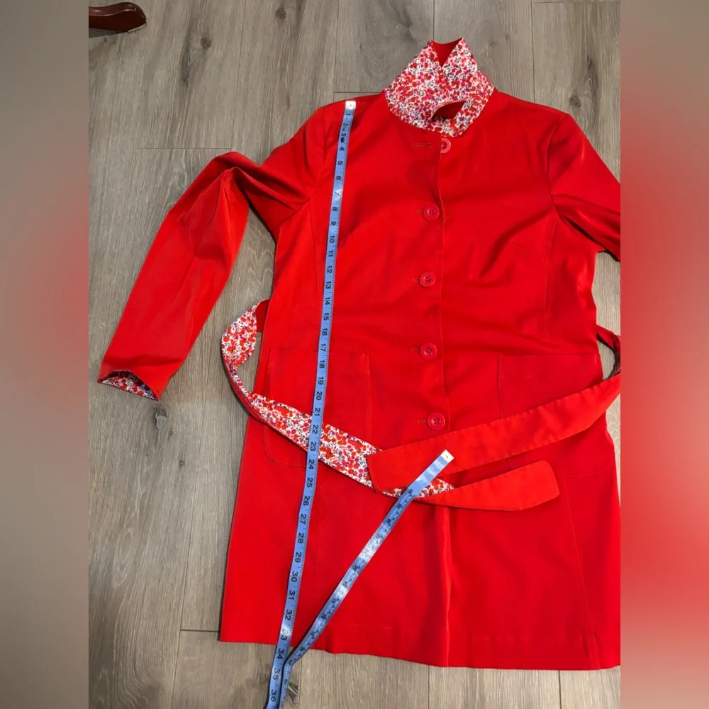 liberty Art Fabric Red Trench Coat with Floral Trim. Size M - Picture 9 of 10